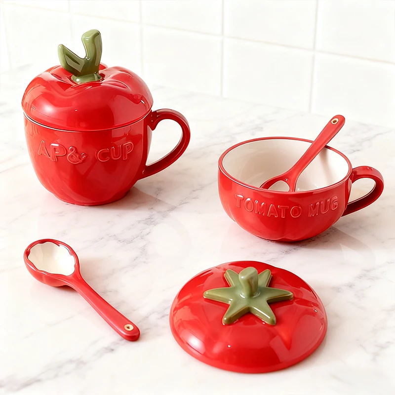 

Керамическая кружка, мультяшная крышка в форме яблока и фруктов, кофейная чашка с помидорами, детская кружка для завтрака, молока, подарок на день рождения