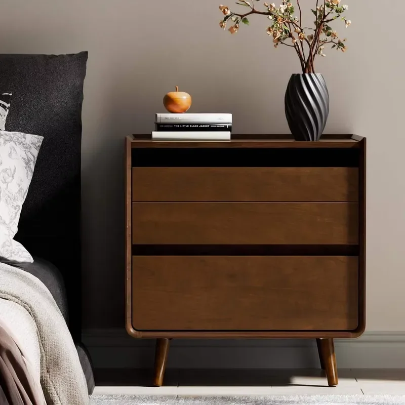 Modern Walnut Veneer Nightstand with USB Charging Station Solid Wood Legs Bedside Table Storage Locker for Bedroom Furniture