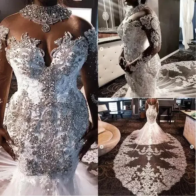 Customized High Neck South African Mermaid Wedding Dresses Lace Crystals Beading Long Sleeves Bridal Gown Plus Size Vestiods