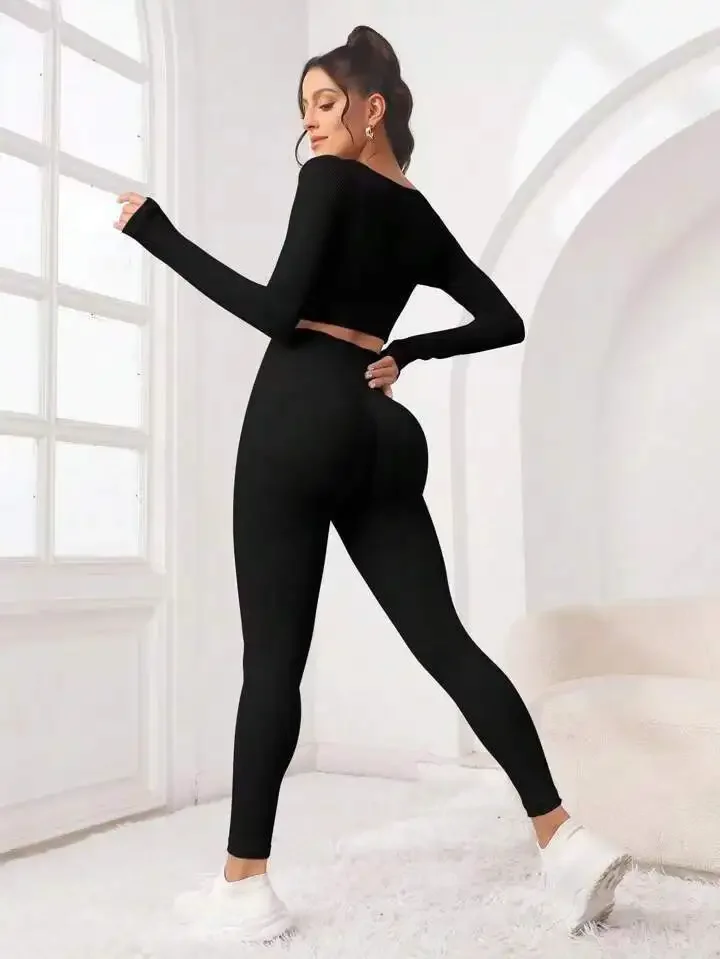 New Threaded Seamless Yoga Long Sleeve Hip Lift High Waist Trousers Fitness Sports Yoga Kit