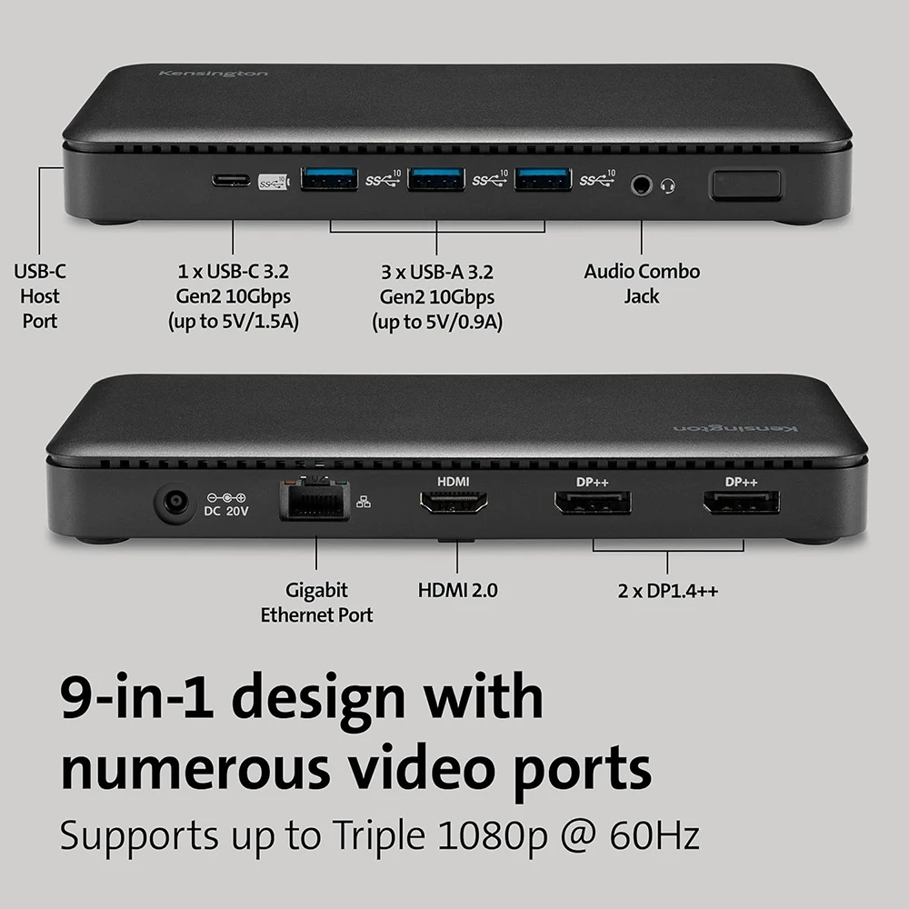 Kensington 9-in-1 Docking Station SD4839P USB-C 10Gbps Triple 1080p Video Dock 85W PD DP++/HDMI for Windows K33480