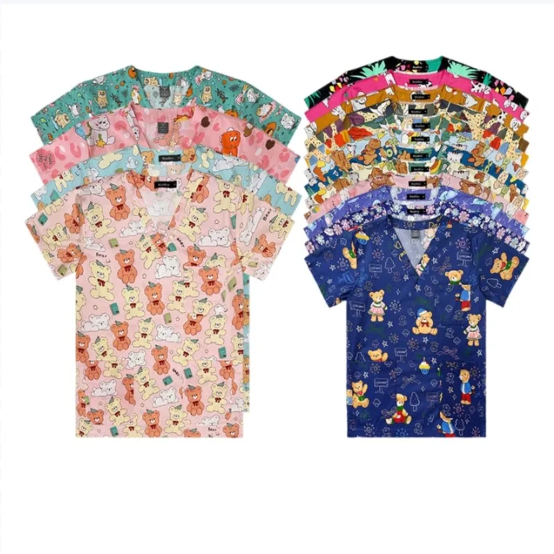 

Cotton Cartoon print surgical uniforms pharmacy hospital nurse scrubs tops breathable beauty salon dentistry pet doctor overalls