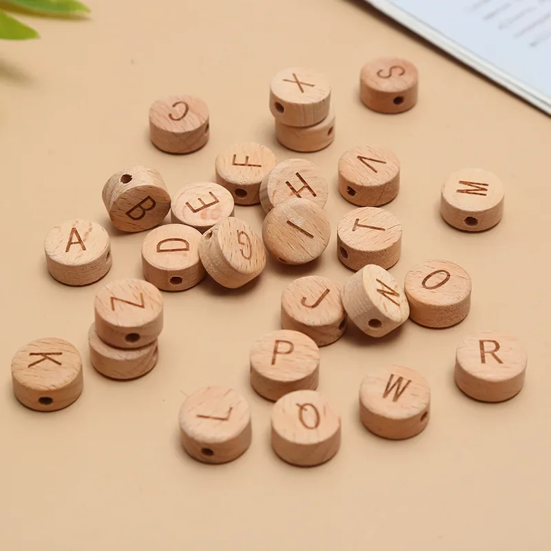 2Pc Wood Letters Bead Round Letter English Alphabet Baby Pacifier Chain Clip Bracelet DIY Personalized Name Accessories Teether