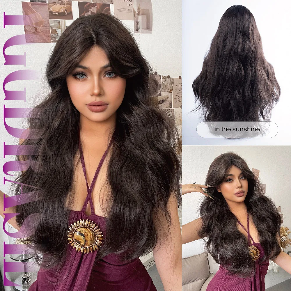 

28-дюймовые синтетические кружевные парики в экзотическом стиле, темно-каштановые, средняя часть, длинные волнистые волосы спереди, для женщин, для ежедневного использования, термостойкие