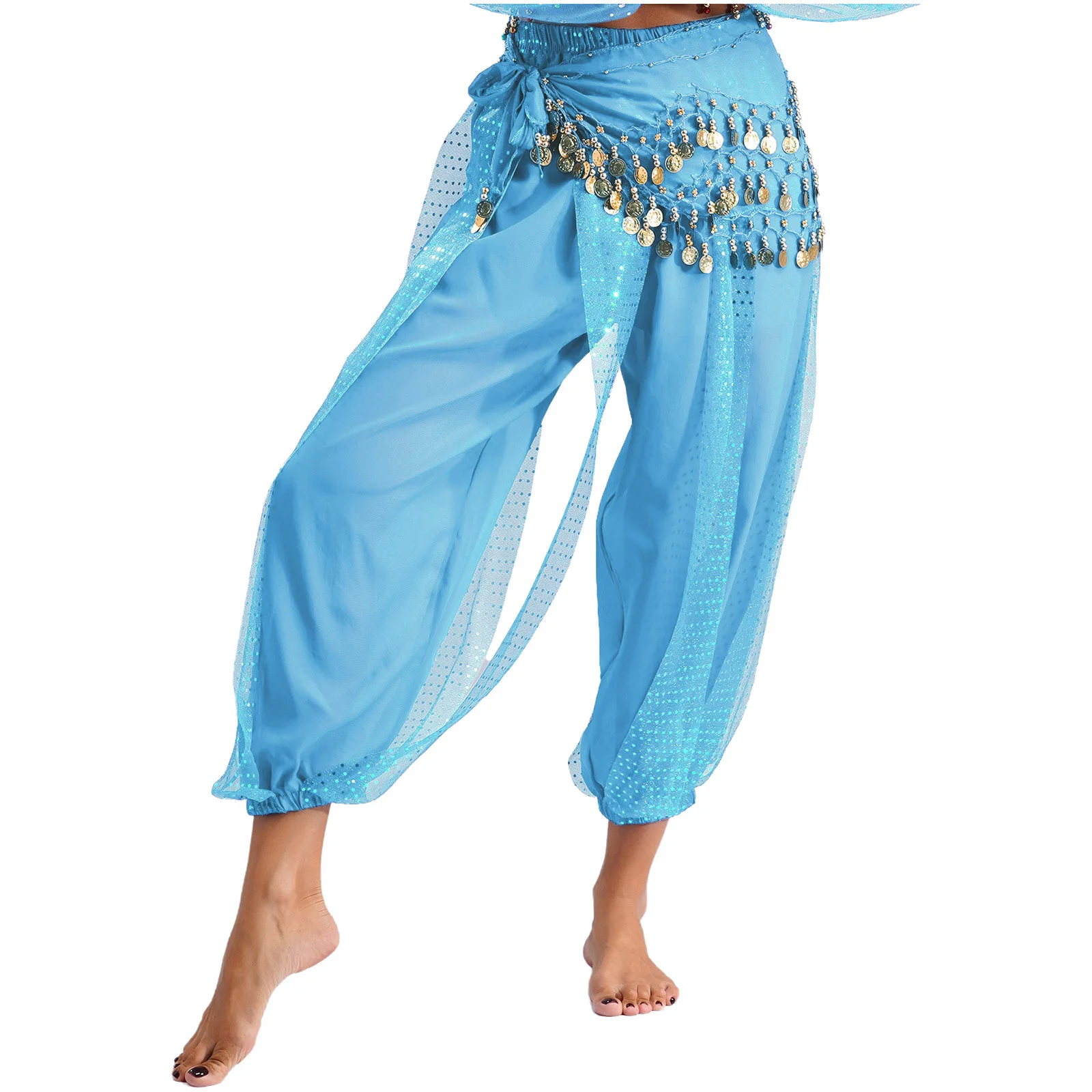 Womens Sequined Layer Bloomers Harem Belly Dance Pants with Lace-up Hip Scarf And Lace-up Hip Scarf Indian Belly Dance Costume