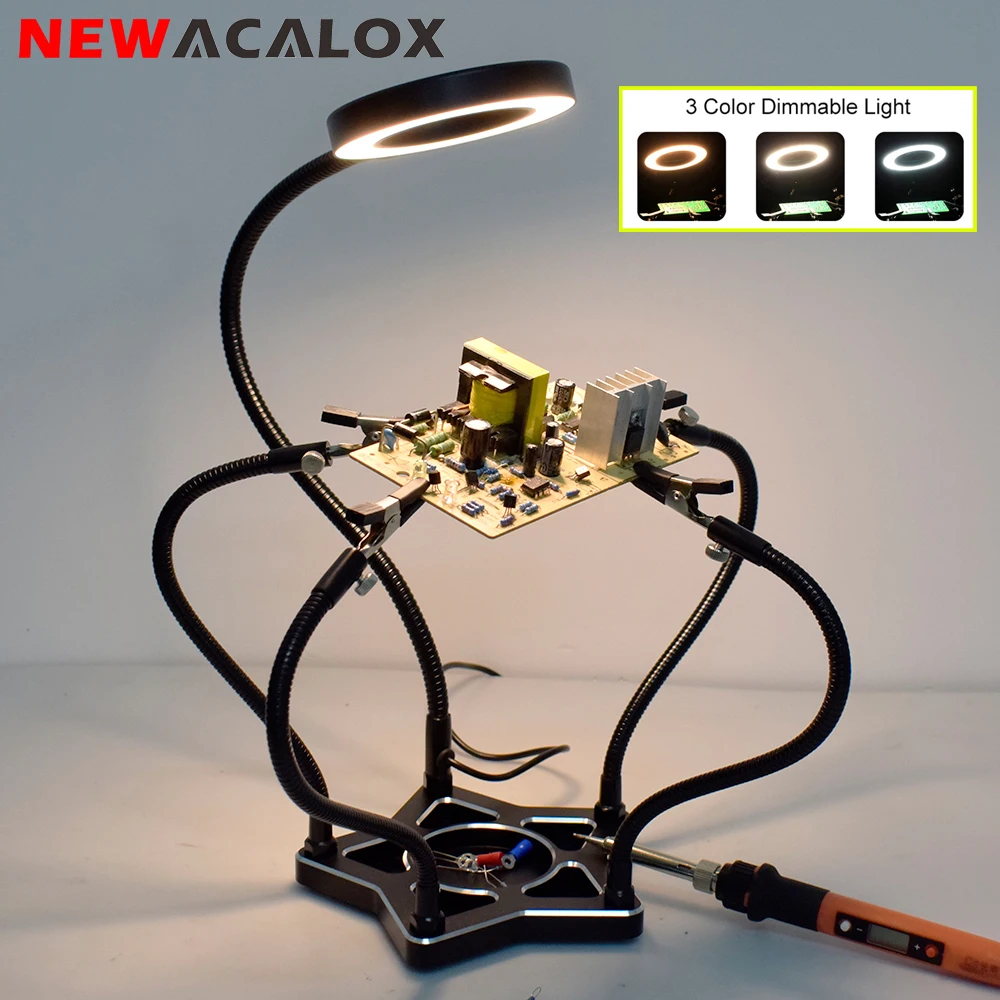 

NEWACALOX Soldering Helping Hands with 3X LED Magnifier 5Pcs Flexible Arms Soldering Third Hand Station Welding Repair Tool