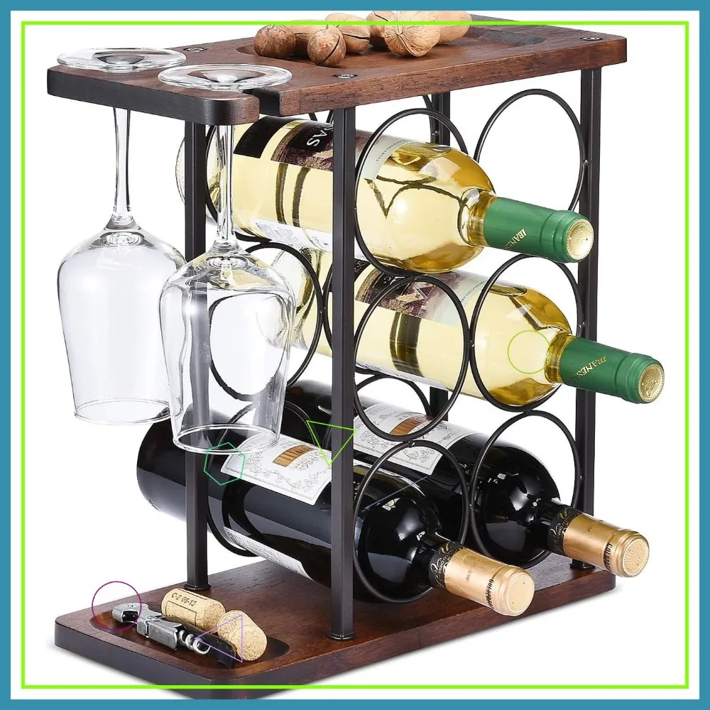 

Wooden Wine Rack with Glass Holder, Holds 6 Bottles & 2 Glasses, Perfect for Kitchen Countertop Decor
