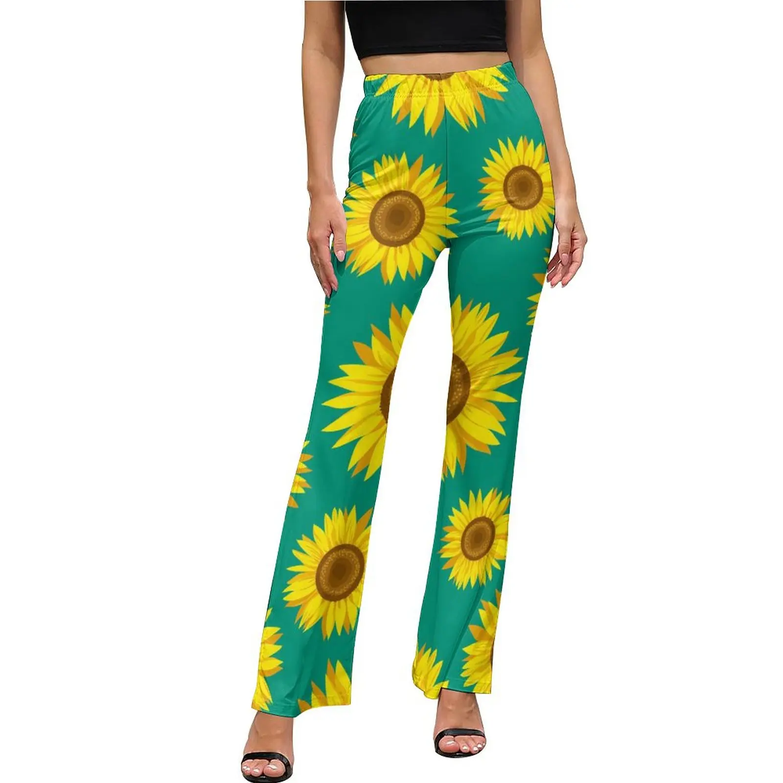 Sunflower Blossom Pants Yellow Flowers Print High Waist Sexy Workout Flared Trousers Summer Aesthetic Pants Birthday Present