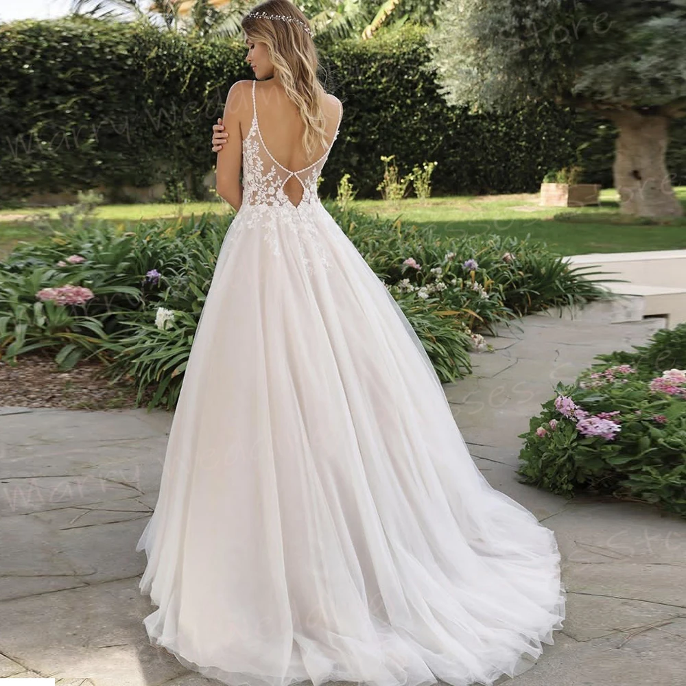 Elegantes vestidos de casamento A-Line femininos, modernos apliques de renda, vestidos de noiva encantadores, cintas espaguete, vestidos bonitos