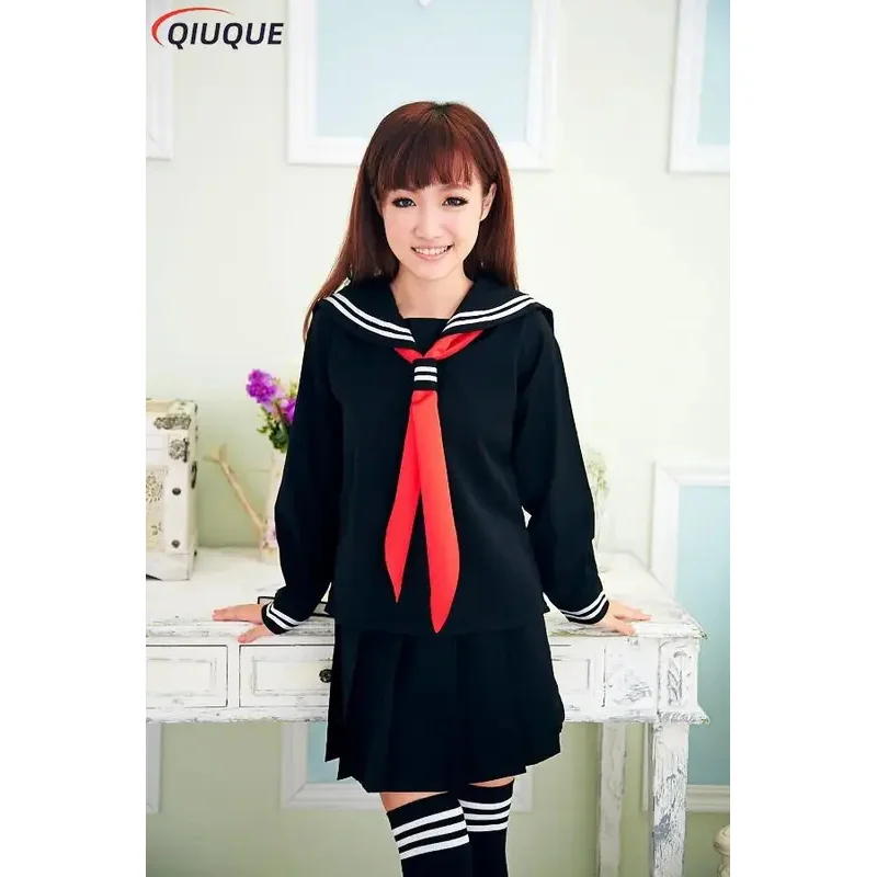 Qq45JK uniformes estudiantes de escuela japonesa vestido de moda trajes de marinero negro azul marino conjunto para niñas disfraz Cosplay Top falda cuello