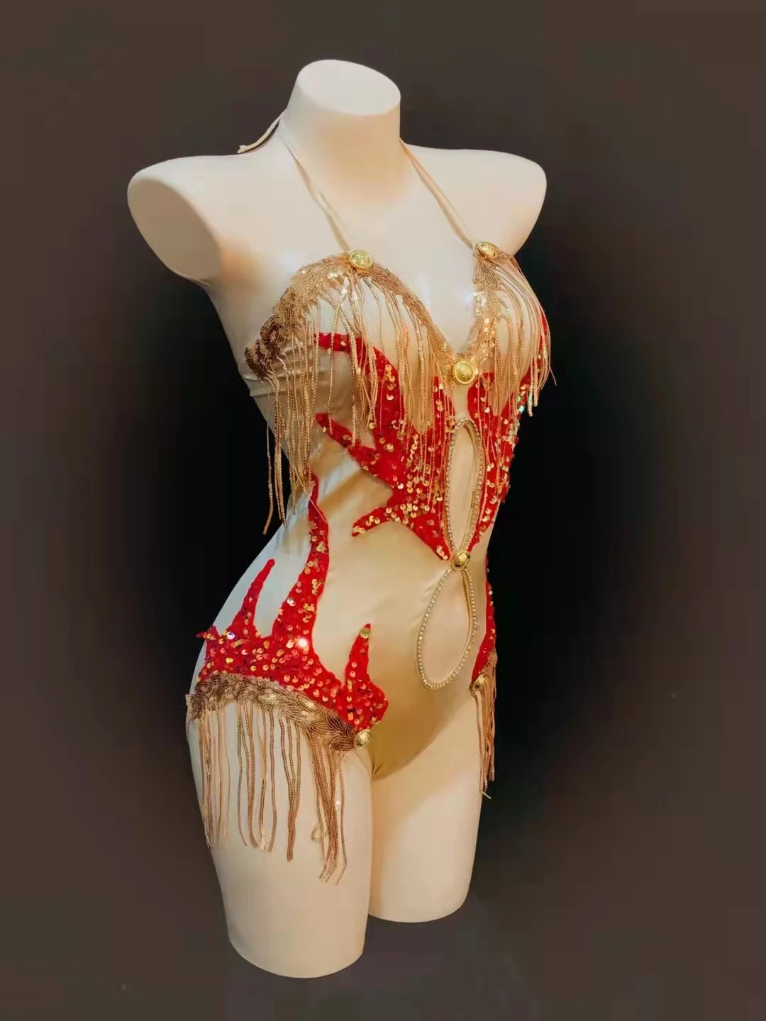 Sexy Adult Women DJ Pole Dancing Costume Gold Red Sequins Backless Bodysuit Leotard Bar Nightclub Tight Performance Stage Wear