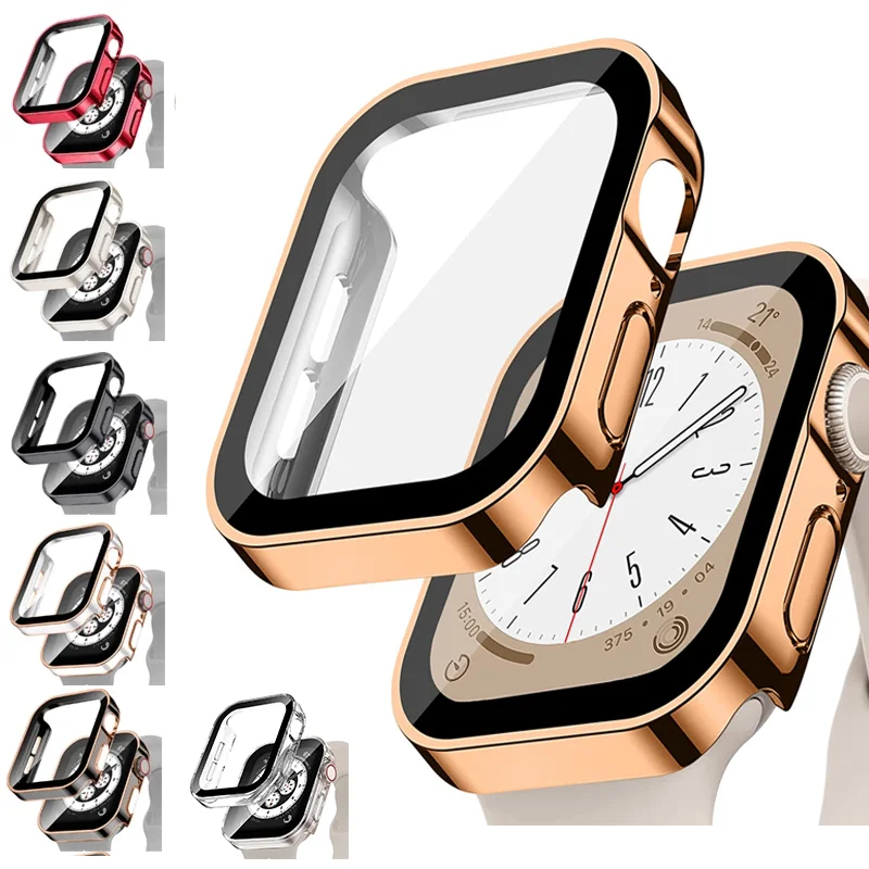 Tempered Glass+Case For Apple Watch band ultra2 44 mm 40mm PC Edge Screen Protector cover iWatch series 9 8 7 6 5 4 se 41mm 45mm