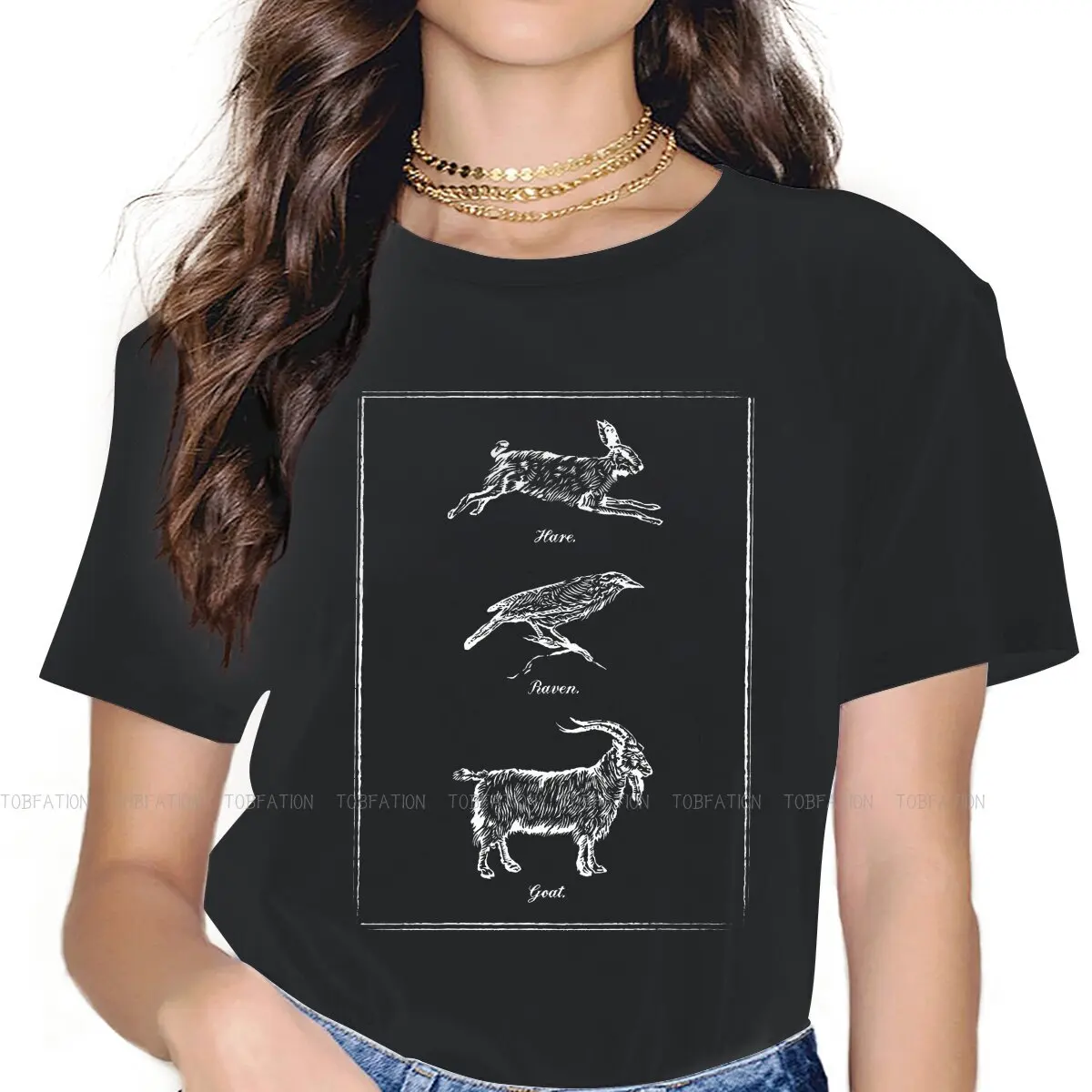 Baphomet Women T Shirt Hare, Raven, Goat Female Tops Graphic Funny Tees Ladies 5XL Cotton Tshirt