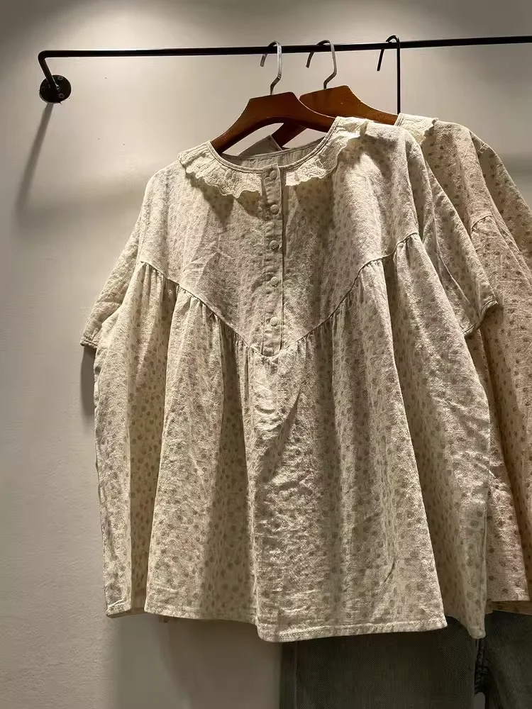 

Bust 126cm Japan vintage clothes 100% cotton lace collar print shirts short sleeve blouses middle aged women clothing
