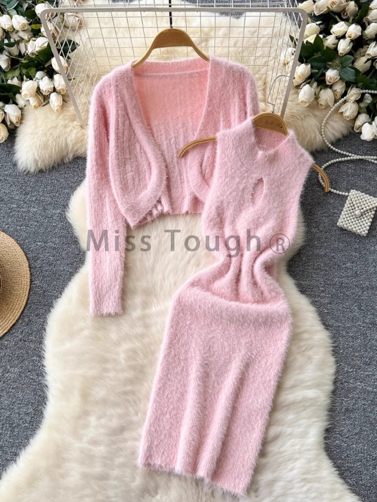 Autumn Sweet Knitted Two Piece Set Women French Fashion Party Sexy Dresses Outfits Gentle Coat + Slim Dress Elegant Suit 2024