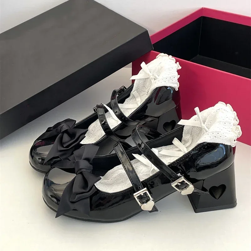 Różowe Mary Jane Lolita Shoes Women 2024 Autumn Y2K Patent Leather Low Heels Pumps Woman Silk Bowtie Ankle Straps Party Shoes