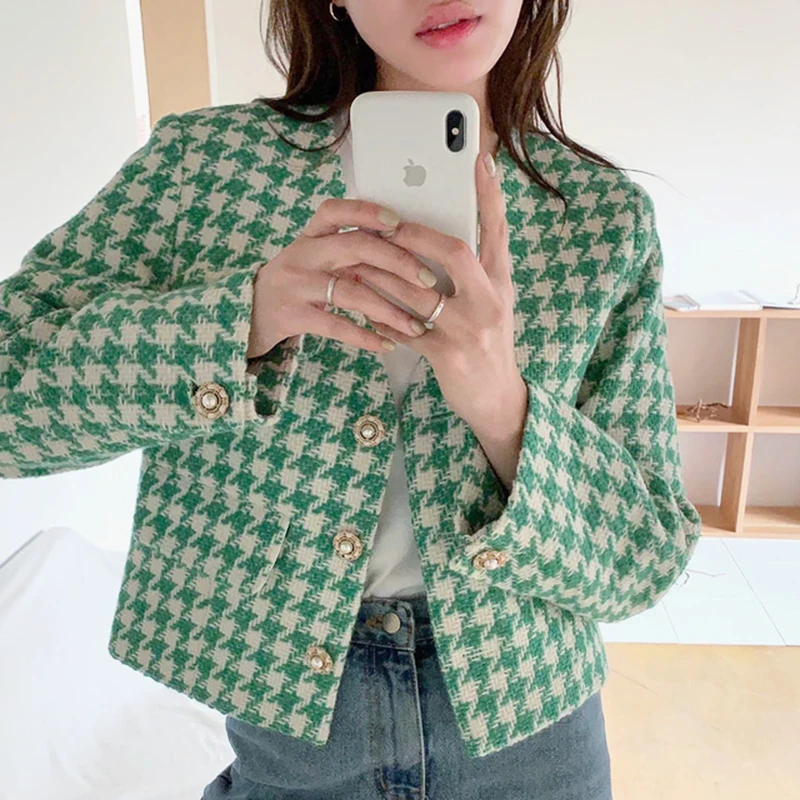 

Plaid Tweed Jackets Women V-Neck Long Sleeve Office Lady Nice Autumn Winter Outwear Vintage Korean Elegant Slim Coat