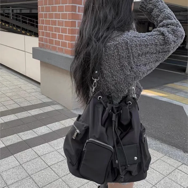 

Korean Drawstring Black Tote Bag Women Multifunctional Large Capacity Y2k Mochilas Mujer Ladies Commuter Hot Girl Shoulder Bags