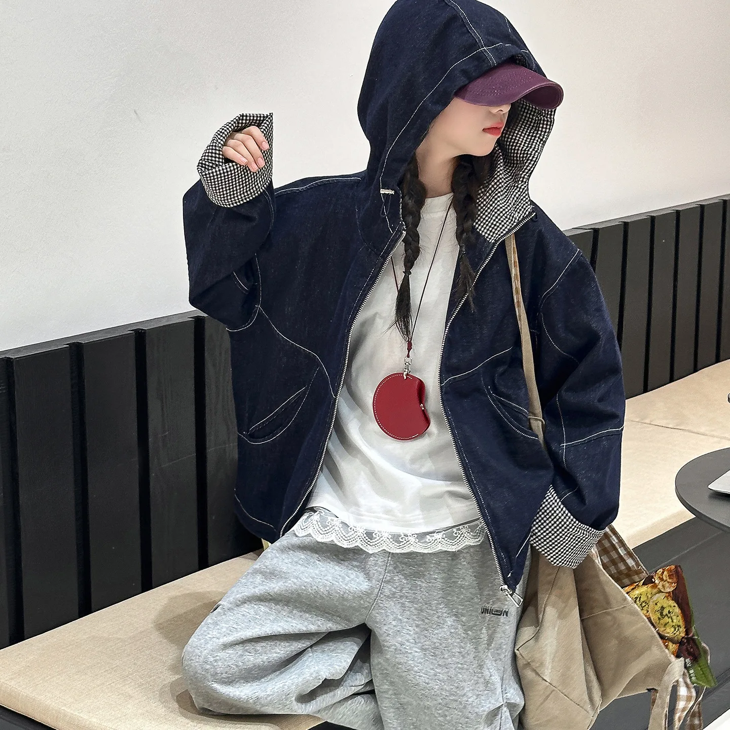 

Teenager Girls Coat Autumn Plaid Patchwork Junior Girls Hooded Jacket Loose Zipper Long Sleeves Children Girls Outerwear