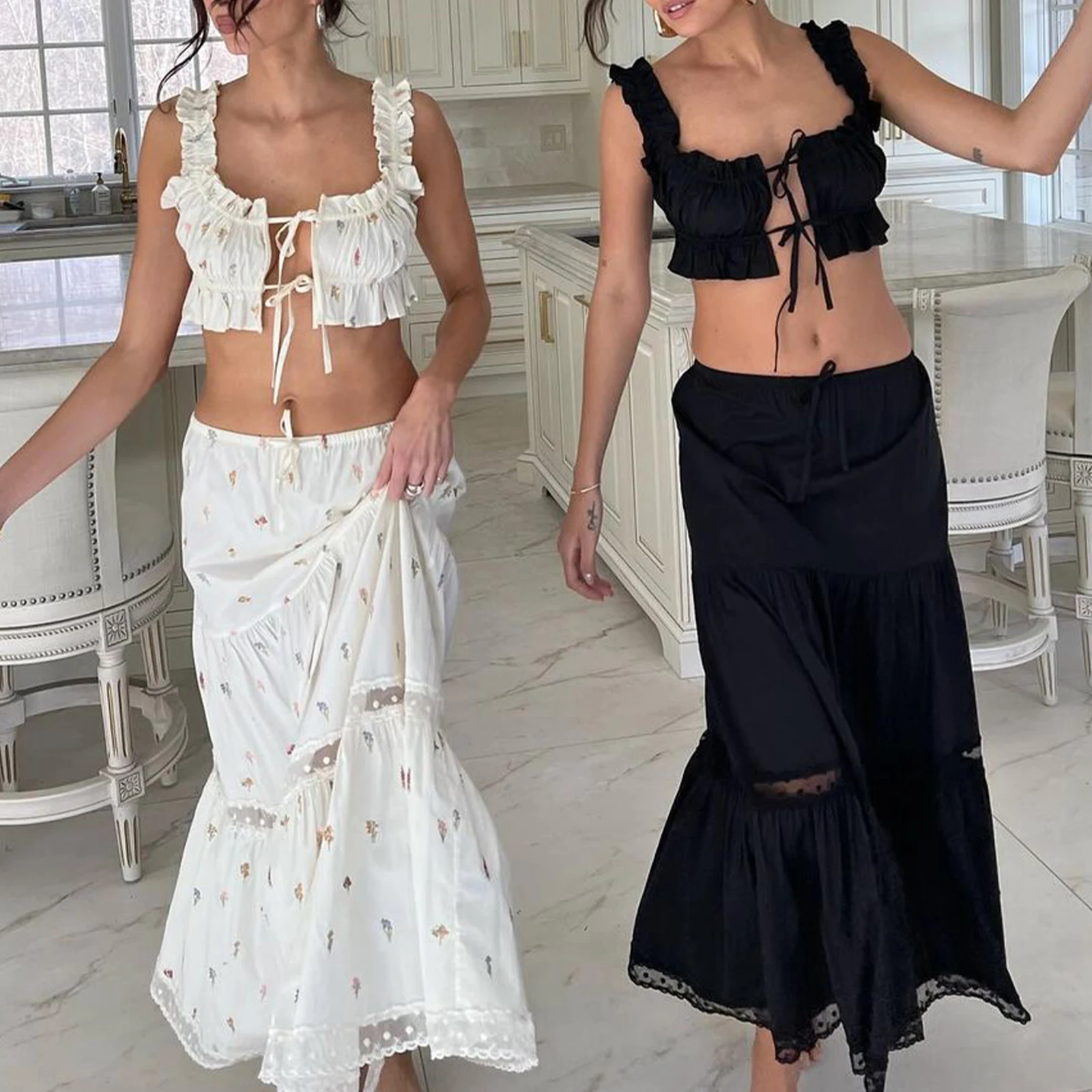 hirigin Vintage Frill Strap Front Tie Up Crop Tops + Maxi A-line Skirt Elegant Women Chic 2 Piece Set Fairy Y2K Matching Outfits