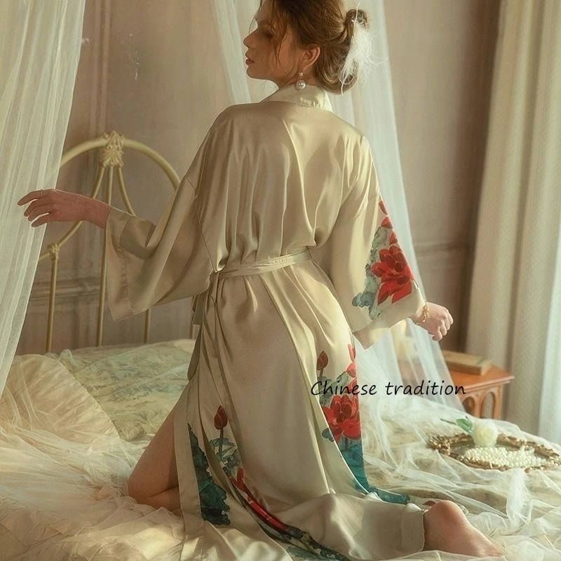 Femme Peignoir Flower Print Loungewear Women Rayon Bathrobe Kimono Gown Nightwear Sexy Intimate Lingerie Silk Oversize Sleepwear