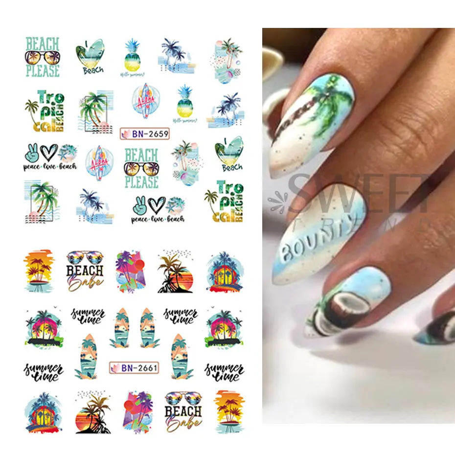 12pcs Coconut Summer Nail Water Stickers Sliders Cartoon Cactus Watermelon Palm Tree Sunset Letter Fruit Manicure Accessories