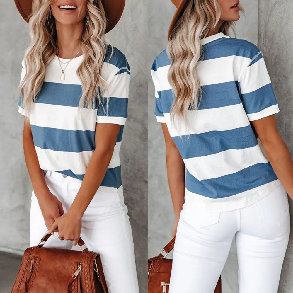 T Shirt Women 2022 Summer New Fashion Blue White Stripe Printed Round Collar Short Sleeve T-shirt Leisure Female Tshirt CKX9926