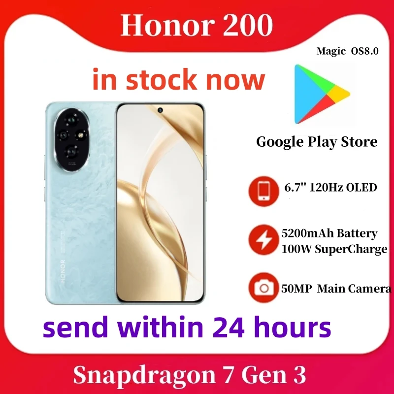 New Original Honor 200 Mobile Phone 5G Snapdragon 7 Gen 3 6.7'' 120Hz OLED Screen 5200mAh Battery 100W SuperCharge NFC Google