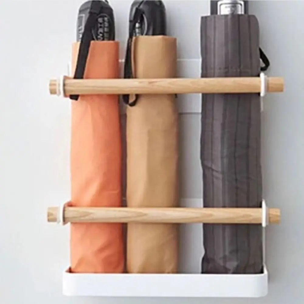 

2 шт./компл. магнитный держатель для солнцезащитного зонта без гвоздей с поддоном для капель, стеллаж для хранения зонтов, белая металлическая и деревянная полка для зонтов