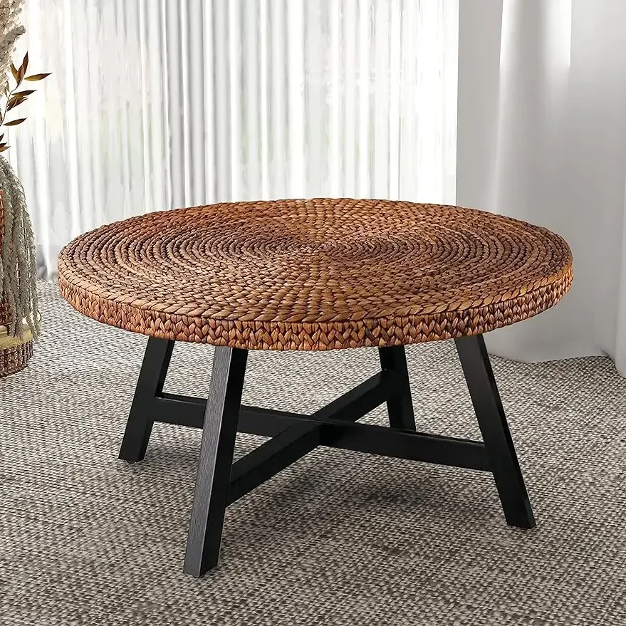 RANDEFURN-Round Coffee Table, Seagrass Coffee, Solid Pine Wood, X Base Frame, Cocktail  Easy Assembled, Multiple Sizes