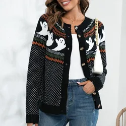 Women's Halloween Retro Polka Dot Cute Ghost Knitted Long Sleeve Round Neck Button Cardigan Loose Fit Style Sweater Top