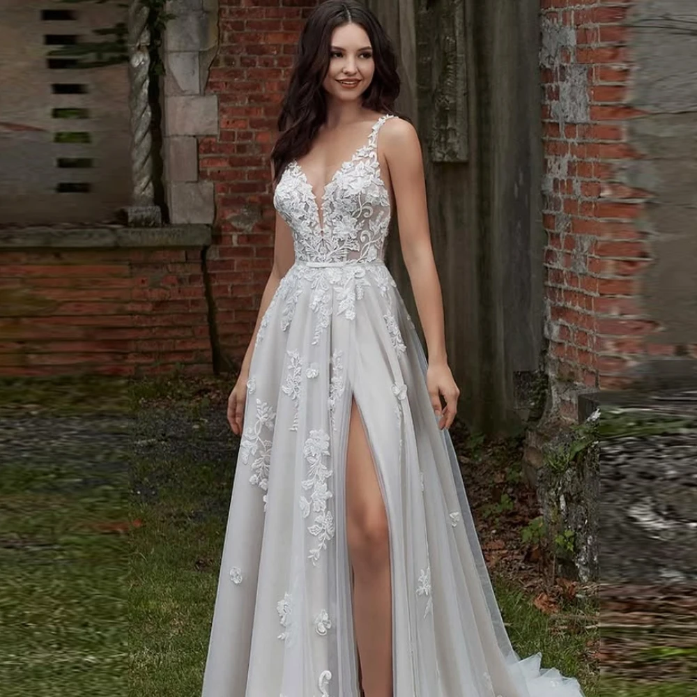 

Fascinating Women Wedding Dresses Sexy V-Neck Sleeveless A-Line Bride Gowns Floor Mopping Banquet Vestidos De Novias Customized