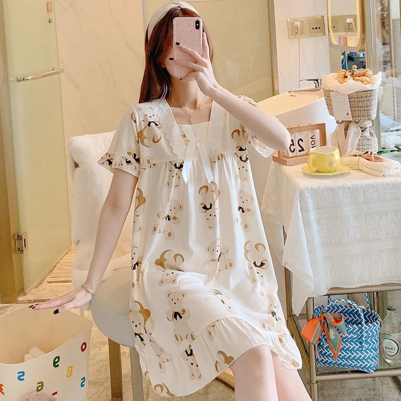 Pajamas women's summer cute princess wind sweet loose short sleeves peach heart worn outside loungewear nightgown Sleeping skirt