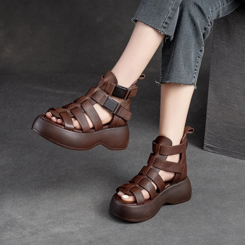 

2025 Handmade Women Sandals Retro Open Toe Summer Wedges Heel Shoes Women High Top Open Toe Platform Gladiator Sandals