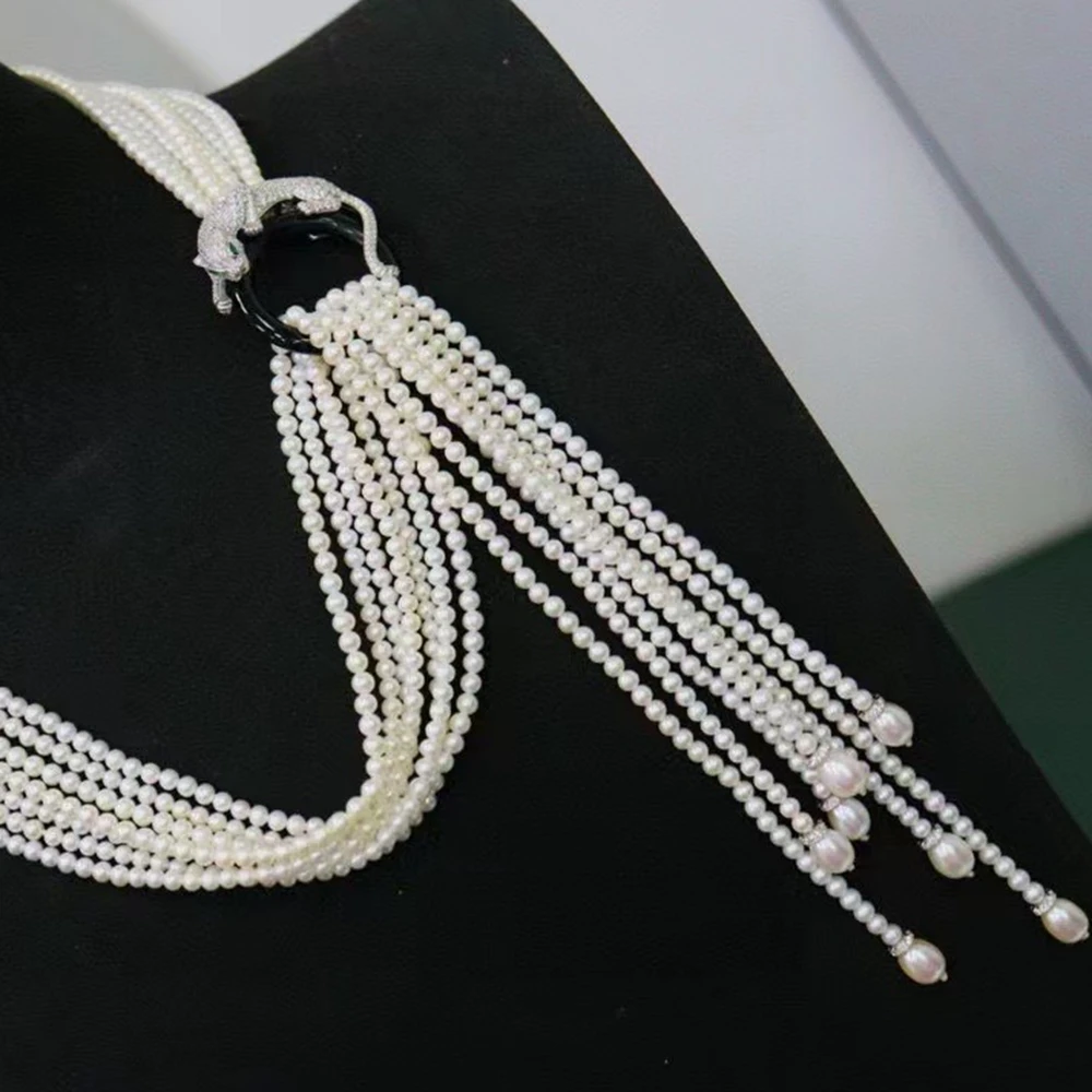 

Элегантное ручное ожерелье с черной эмалью, многослойное белое жемчужное длинное ожерелье с кисточками, серебро 925, леопардовые украшения для женщин, вечерние