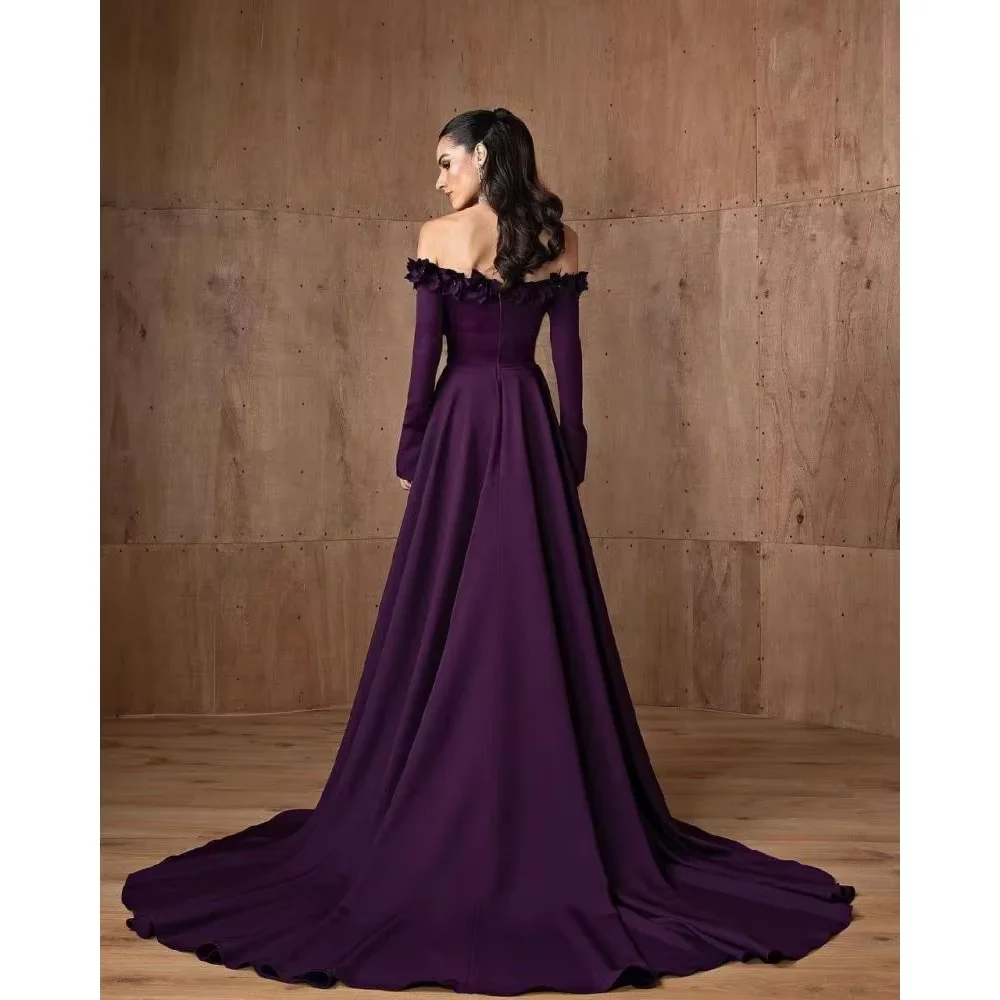 Vestido de noite longo com flores roxas, mangas compridas, vestido de baile, linha a, personalizado, elegante, ombro de fora, vestido de festa feminino, vestido de casamento
