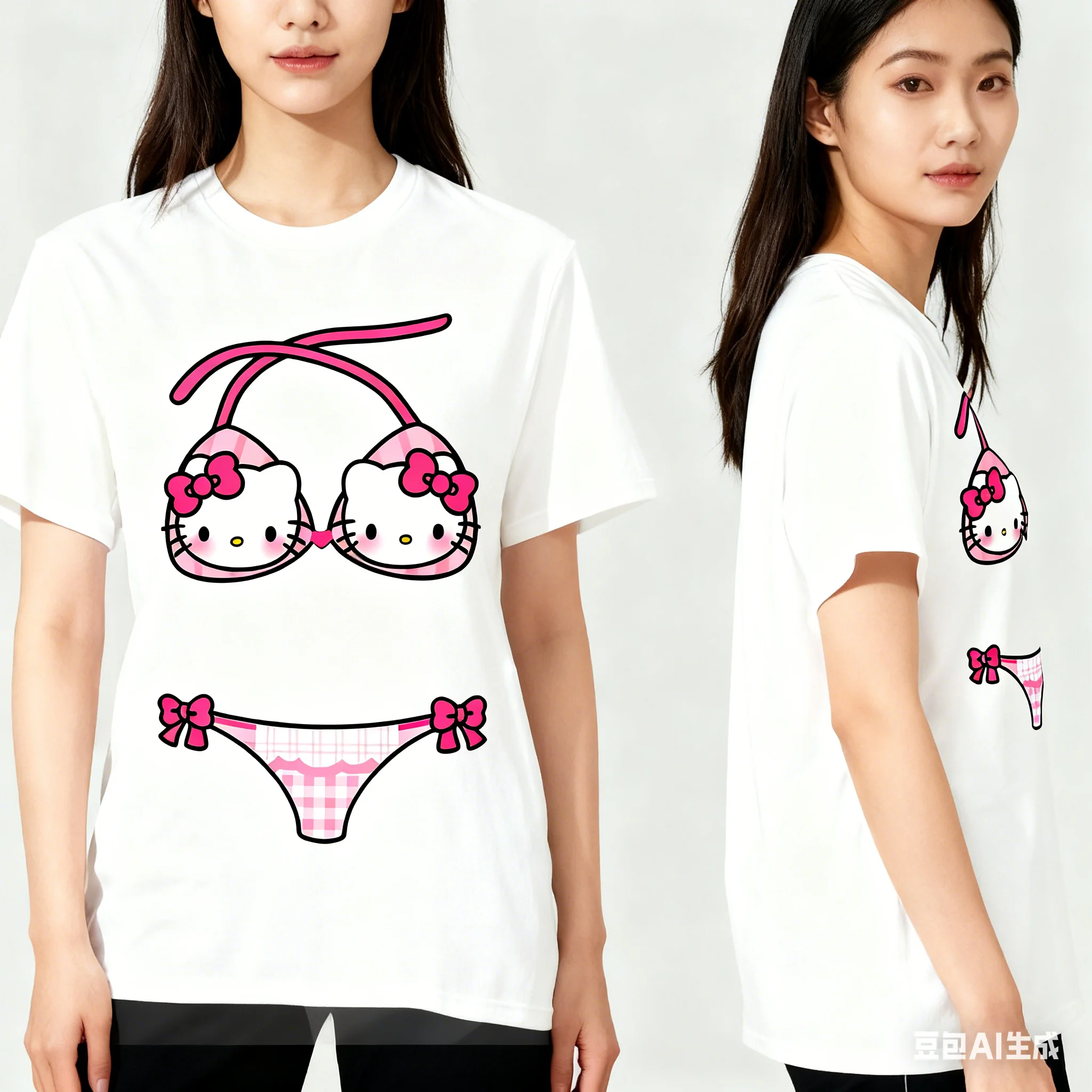 

2026 Hello Kitty bikini pattern Women’s 100%Cotton Tshirt Kuromi kawaii Harajuku cute Y2k Fashion Streetwear Causalwear Tops Tee