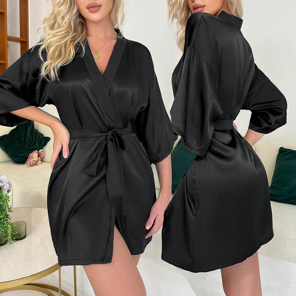 Women Thin Section Sexy Pajamas Black Simulation Silk Medium-sleeved Ladies Robe Summer Short Cardigan Lace Tassel Bathrobe