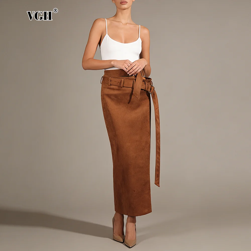 

VGH классическая коричневая замшевая дизайнерская юбка с разрезом для женщин с высокой талией, тонкие прямые юбки в американском сексуальном стиле, женская осенняя одежда
