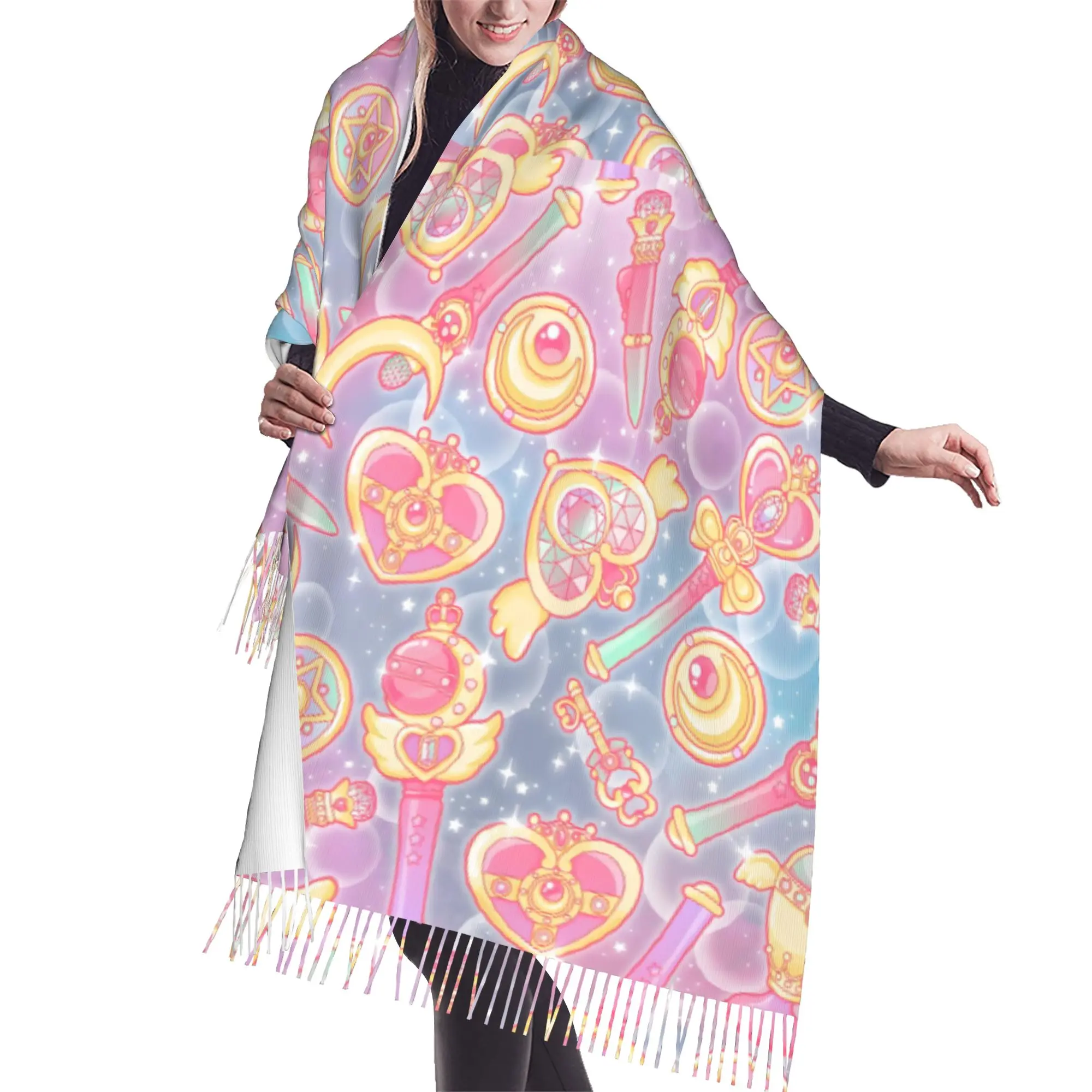 Custom Sailored Manga Anime Mooned Tassel Scarf Women Soft Usagi Tsukino Shawls Wraps Female Winter Scarves