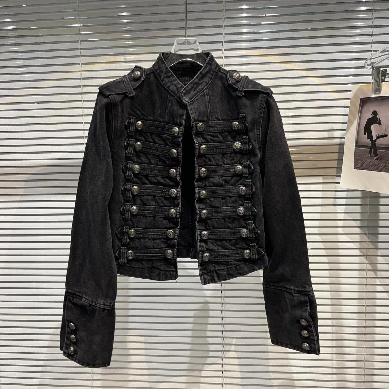 2026 Autumn New Fashion Metal Buckle Design Shoulder Strap Denim Short Jacket For Women High Street Coat Female view 2