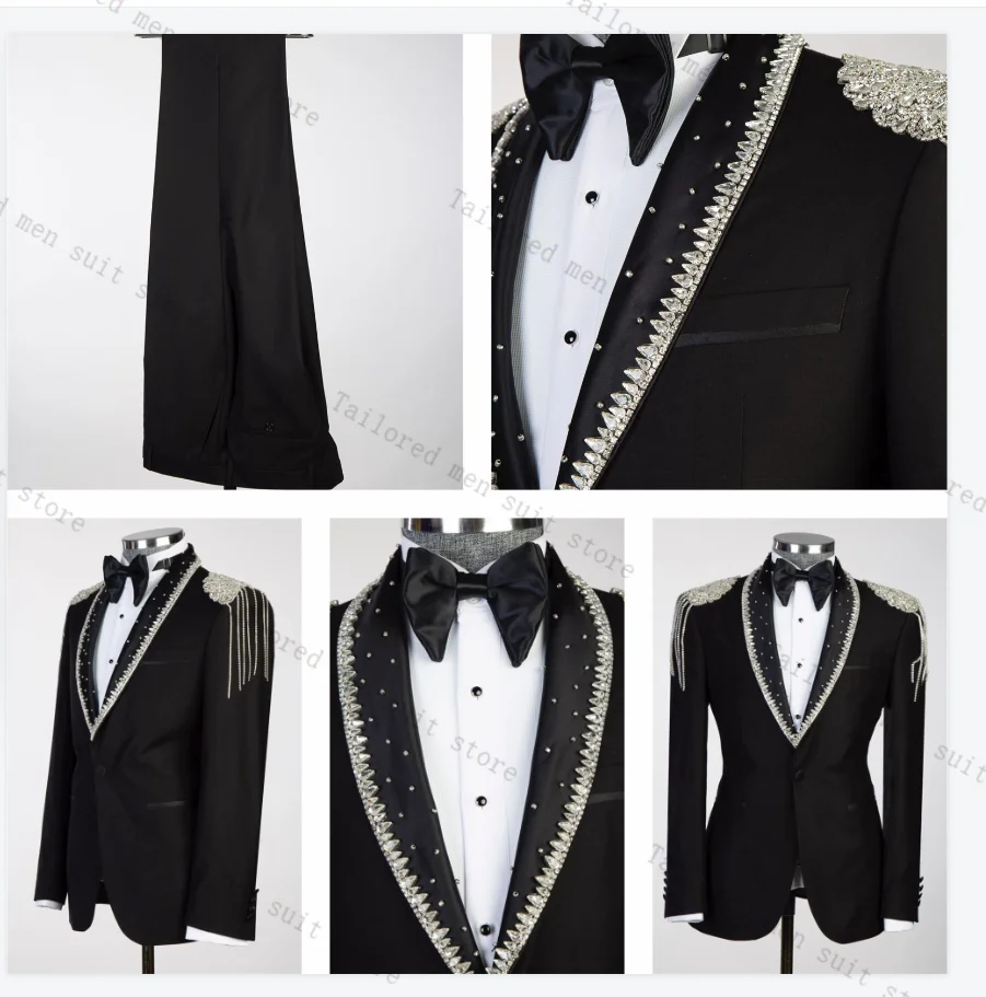 

Black Luxury Men Suits Set 2 Pieces Blazer+Pants Trousers Beaded Crystals Wedding Tuxedos Jacket Formal Office Groom Coat