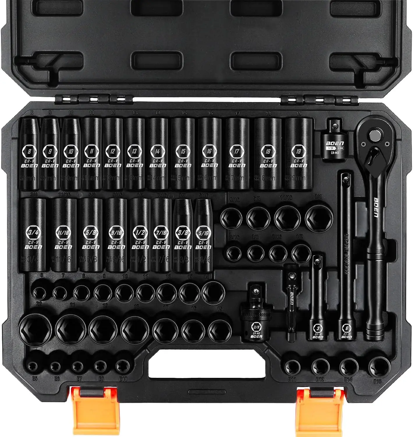 3/8 Drive Impact Socket Set 59 Piece Standard SAE 5/16 to 3/4 Inch Metric 6 22mm Include 9 Piece E Torx Socket Set E5 E16 Ratche