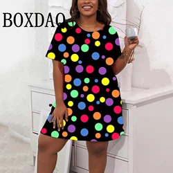 Vintage 80S Polka Dots Casual Short Dress Women Fashion Rainbow Dot Loose Mini Dresses  Elegant Plus Size Dress Summer Clothing