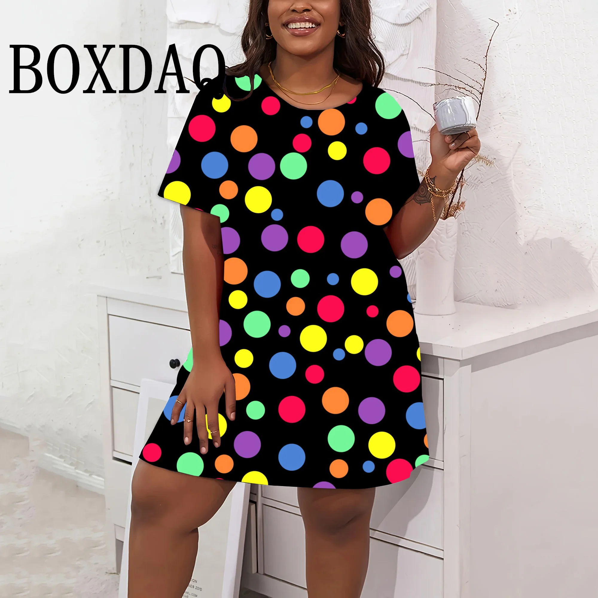 Vintage 80S Polka Dots Casual Short Dress Women Fashion Rainbow Dot Loose Mini Dresses  Elegant Plus Size Dress Summer Clothing