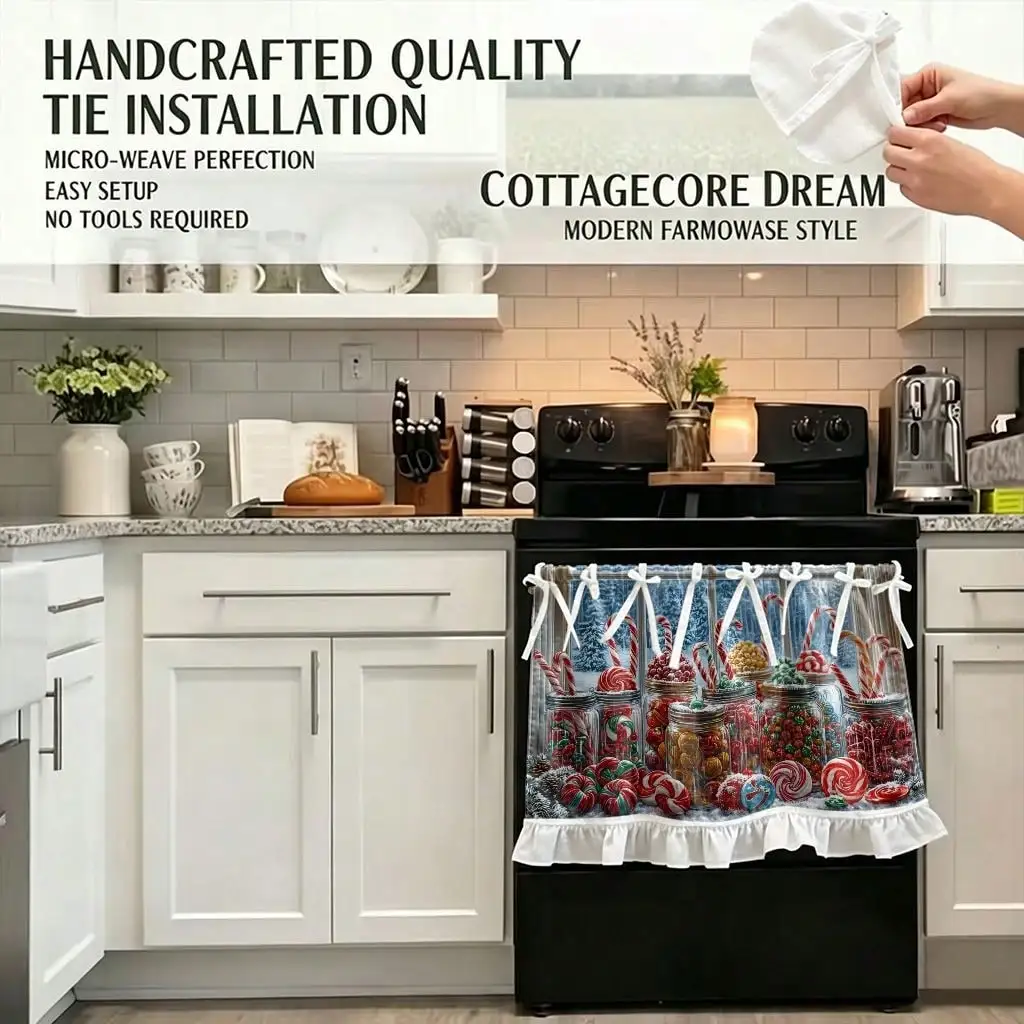 2D Flat, 1pc Christmas Kitchen Stove Oven Valance, Candy Cane And Lollipop Pattern Also Be Decoration Curtain for Dishwasher Microwaves Cabinet Kitchen Sink, Cute Christmas Gift, Makes a Great Addition to Your Christmas Theme Home