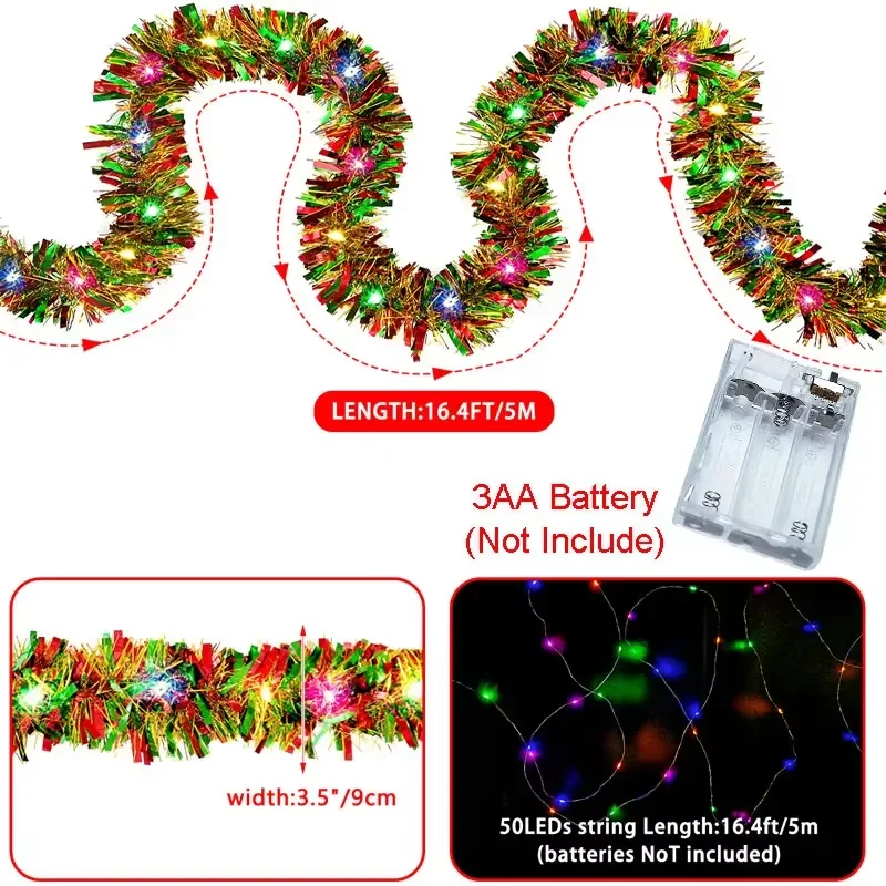 Sparkling Christmas Coloured Tinsel Garland with 50LED Ribbon String Lights Christmas Tree Indoor Wedding Party Holiday Decor