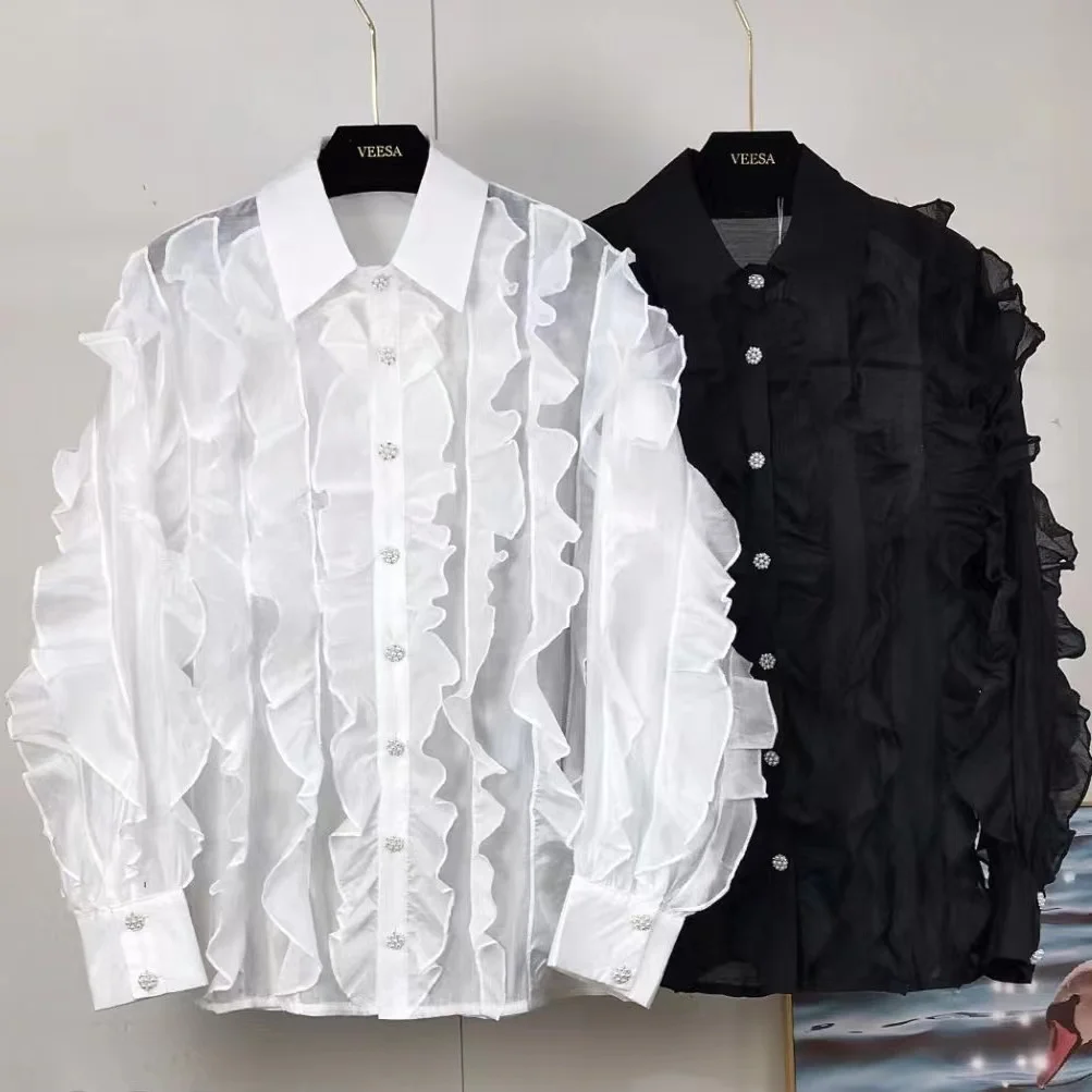 Luxury Diamonds Buttons Ruffles White Chiffon Women\'s Blouses Shirts Top Office Lady Lantern Sleeve Elegant Shirt Blusas Femmale