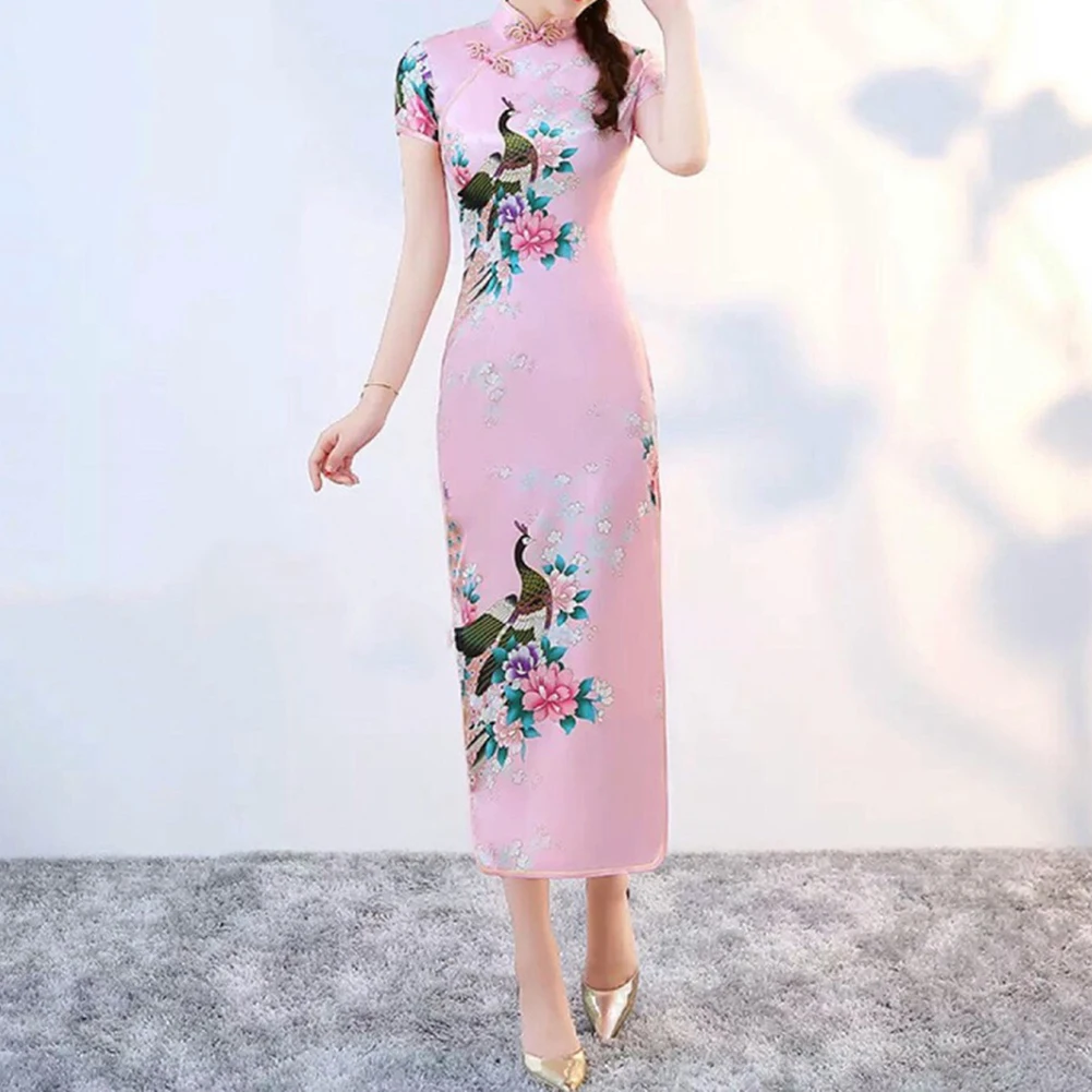 

Women Dress New Year Chinese Style Event Short Sleeve Retro Long Cheongsam Lady Traditional Vintage Mandarin Collar Qipao Dress