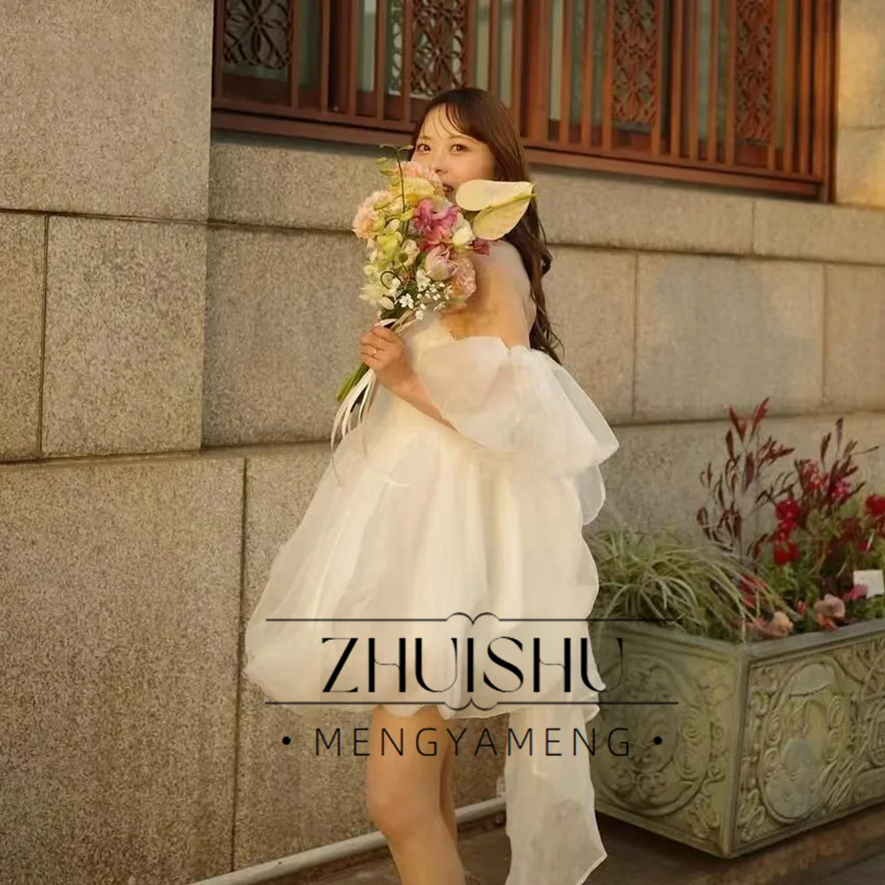 ZHUISHU Bow Wedding Dresses Korea Photo shoot Off Shoulder Short Princess Bridal Gowns Customized 웨딩드레스